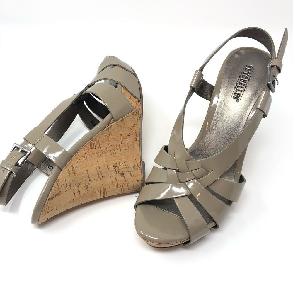 Seychelles Taupe Patent Faux Leather Cork Wedge Sandal